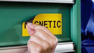Een staal van Brady's magnetisch polyester labelmateriaal met de tekst MAGNETIC erop gedrukt, magnetisch bevestigd op de metalen behuizing van een apparaat.