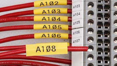 Zes gele hittekrimpende krimpkousen met de tekst A102, A103 tot en met A108 op elke krimpkous, allemaal aangesloten op een schakelpaneel.