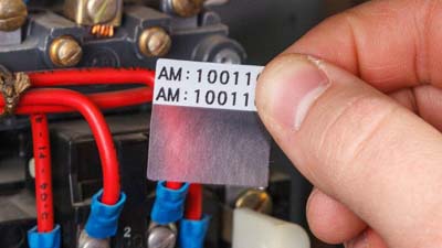 Een technicus houdt een zelflaminerend vinyl wikkellabel voor enkele elektrische componenten vast. Het label is wit met zwarte tekst en heeft een transparant gedeelte dat om het label heen zit om het te beschermen