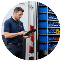 Installateur met geopende bestelwagen op de achtergrond