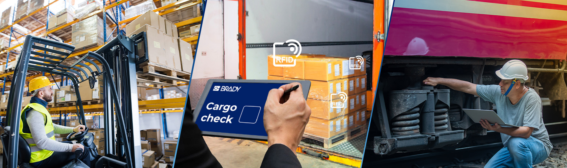 Een collage van drie beelden van RFID in verschillende toepassingen: In een magazijn, in een vrachtwagen en onder een zware machine.